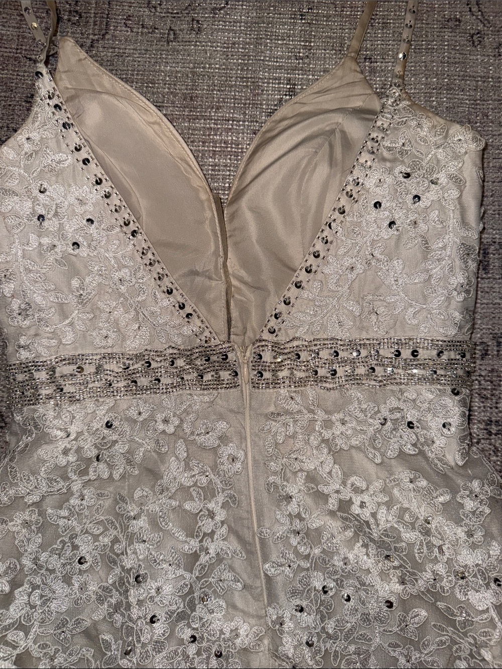 Custom Ivory Embellished Lace & Feather Mini Dress - Picture 7 of 11